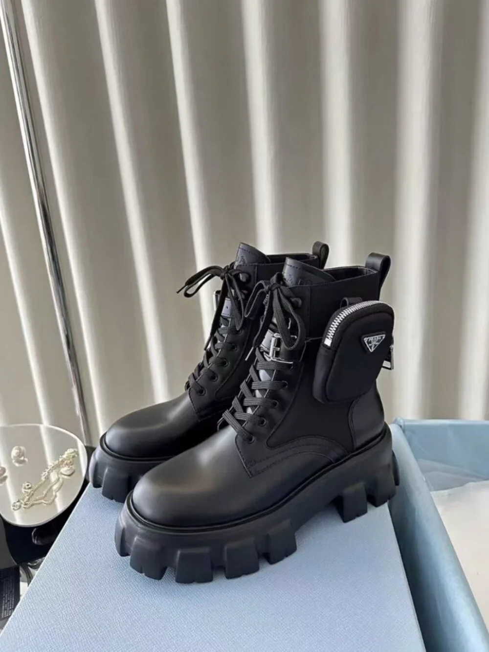 Prada Detachable Pocket Lug Sole Leather Combat Boots